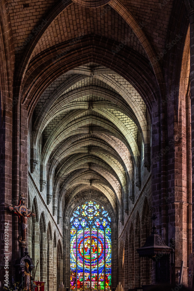 Interior of Collegiale Saint Aubin in Guerande, France with Stained Glass Interior of Collegiale Saint Aubin in Guerande, France with Stained Glass