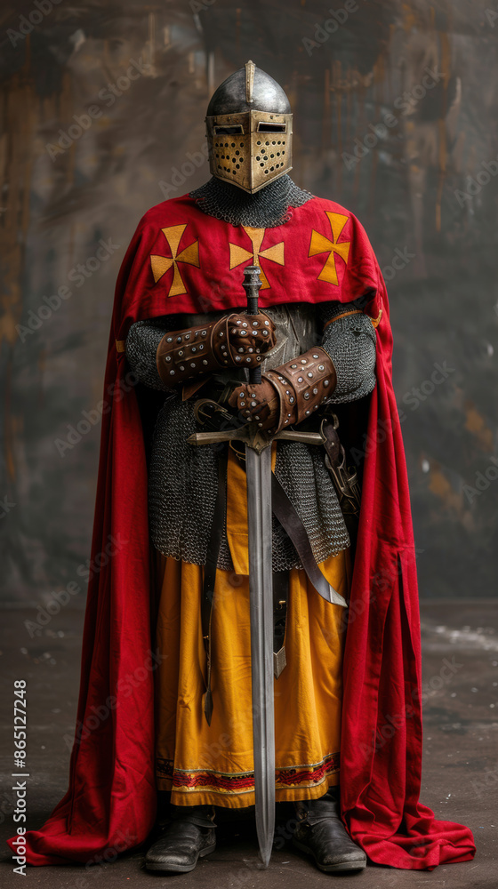 Fototapeta premium A knight in full armor stands in front of a wall, holding a sword