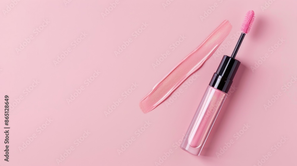 Liquid lipstick with wand on pastel pink background makeup cosmetic product view from top Liquid lipstick with wand on pastel pink background makeup cosmetic product view from top