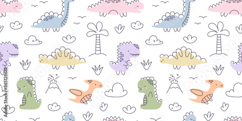 Childrens dinosaurs pattern. Cartoon seamless pattern with dinosaurs, plants and palm trees. Cute cartoon nursery pattern. Vector print for fabric, banner, wallpaper in children's bedroom, clothes