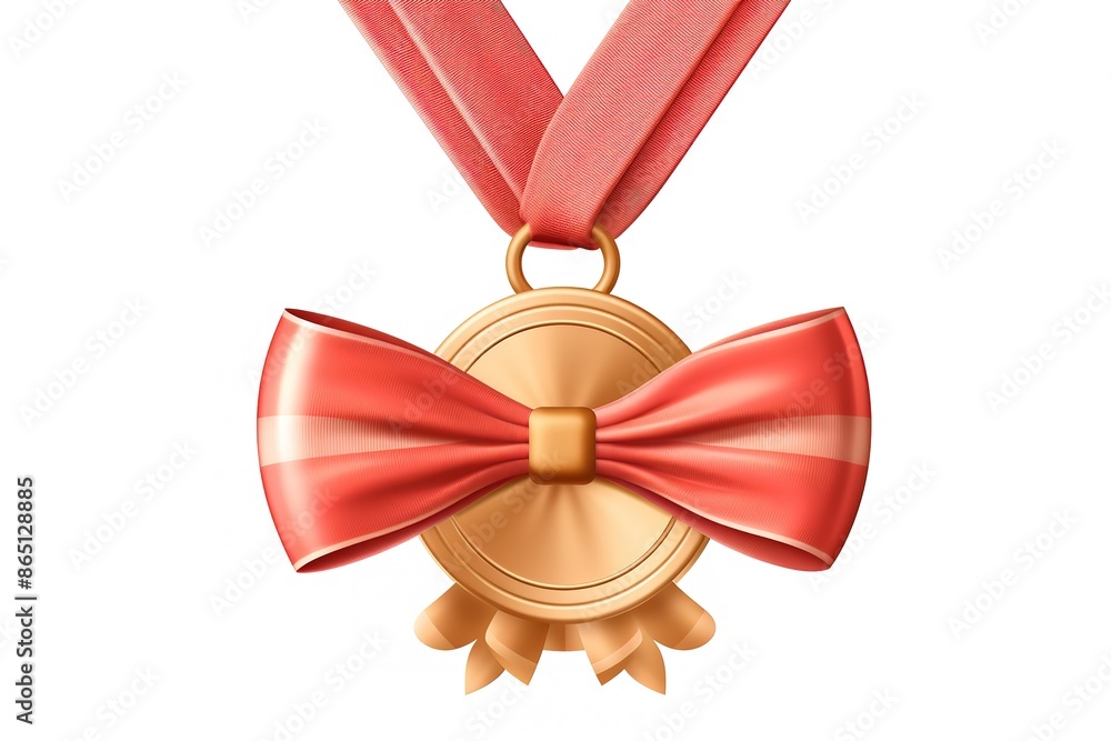 Gold medal with red ribbon first place vector illustration. Realistic isolated trophy medal with metal reward badge for winners and champions. Gold medal with red ribbon first place vector illustration. Realistic isolated trophy medal with metal reward badge for winners and champions.
