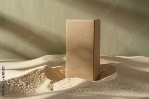 egant Skincare Box Mockup: Textured Brown Rectangle Standing Vertically on Sage Green Background photo