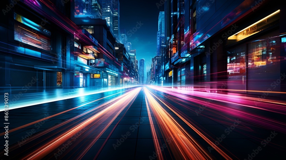Fototapeta premium City street at night with light trails, showcasing urban nightlife and movement.