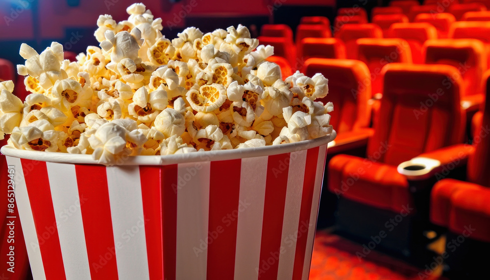 A red and white striped popcorn bucket in a movie theater, a popular snack during films A red and white striped popcorn bucket in a movie theater, a popular snack during films