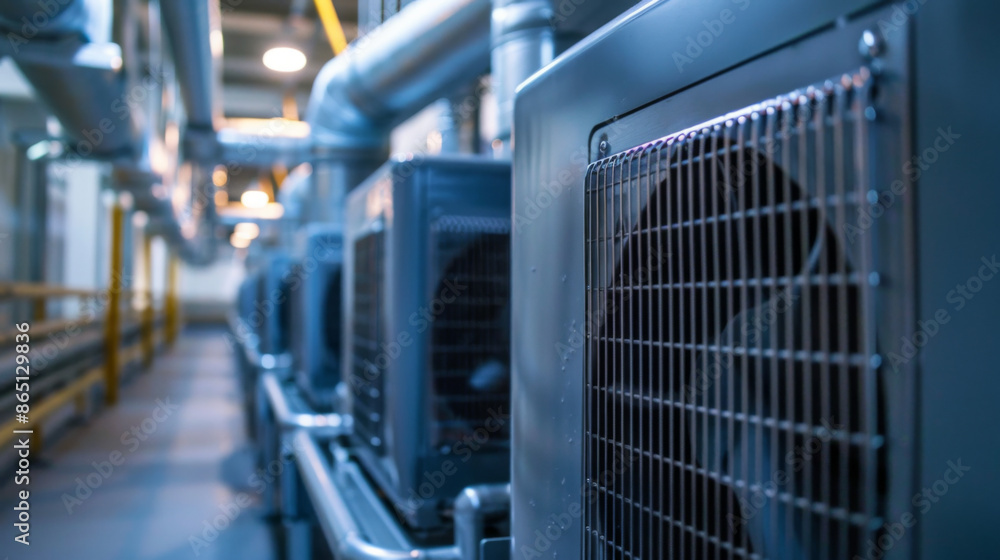 Row of industrial HVAC units inside a modern facility, showcasing cooling and ventilation systems in an industrial setting. Row of industrial HVAC units inside a modern facility, showcasing cooling and ventilation systems in an industrial setting.