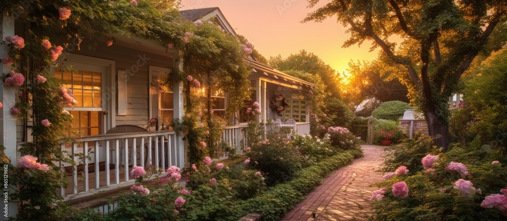 Fototapeta premium A Cozy Cottage Adorned with Roses at Sunset