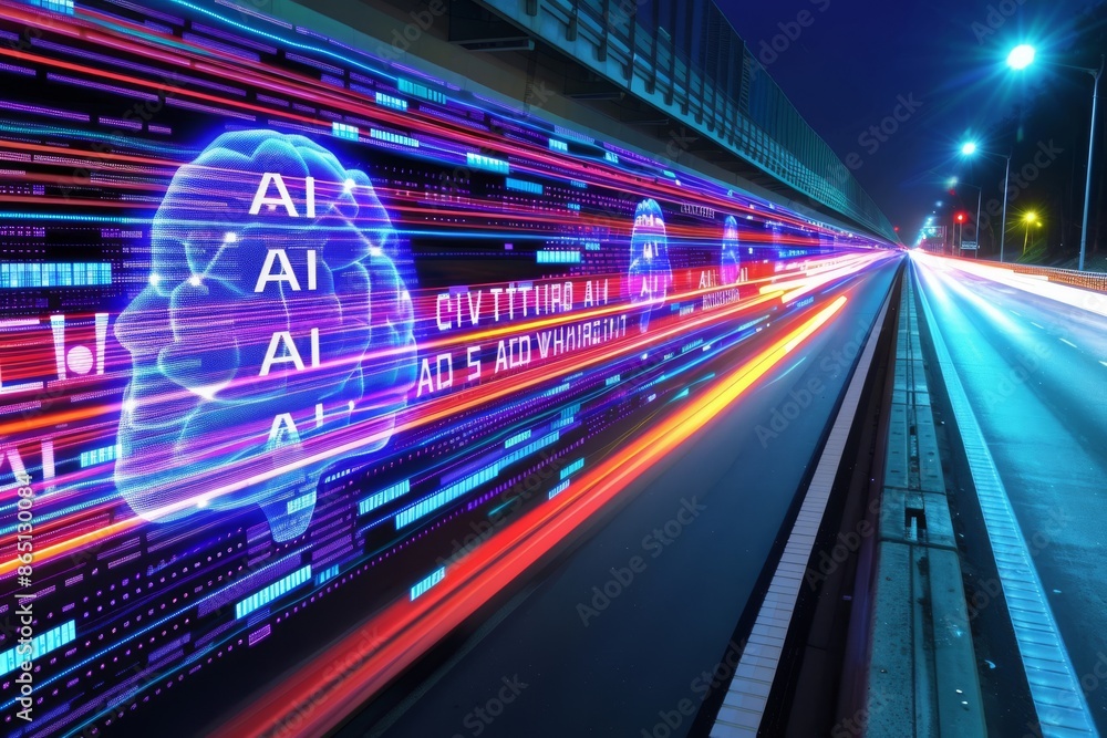 Fototapeta premium AI in Digital Transportation, Futuristic Technology, Blue and Purple Light, High tech Innovation, Artificial Intelligence, Advanced Infrastructure, Concept Art