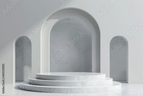 Minimalistic white podium or pedestal for product display with arch shapes and shadows. Concept of luxury  elegance  presentation  and exhibition.