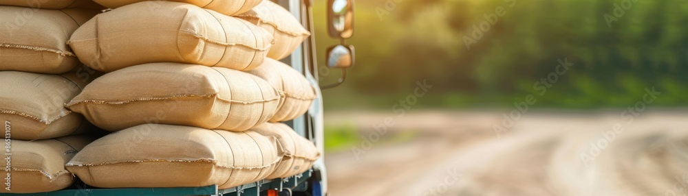 Stacked sacks on a truck ready for delivery on a sunny day. Agricultural products being transported through a rural dirt road. Stacked sacks on a truck ready for delivery on a sunny day. Agricultural products being transported through a rural dirt road.