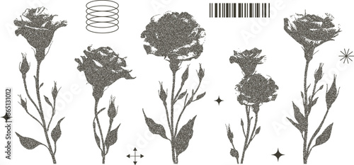 Set of roses with retro photocopy effect Y2K. Design element in trendy dotted pop art style. Vector illustration for T-shirt prints, collage design, banner, postcards, posters.