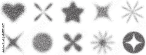 Set of retro minimalistic basic shapes, geometric graphic elements with halftone dotted texture, Y2K photocopy effect. Trendy monochrome silhouettes of the 90s in brutal forms. Vector illustration.