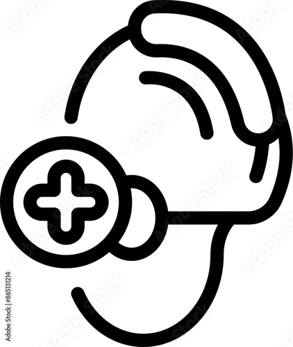 Line drawing of a hearing aid with a medical cross, suggesting improved hearing and audiology solutions