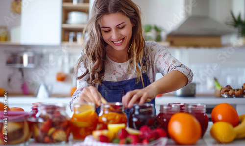 Fruit Jam Making Made Joyful by Happy Woman in White