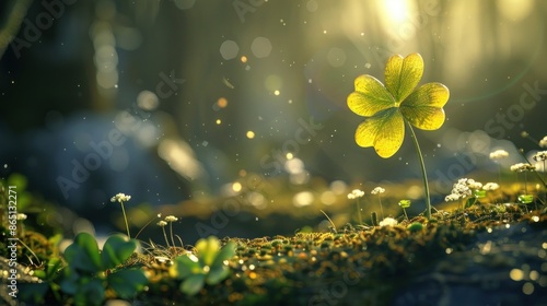 A small green leaf with a diamond shape is on a rock. The leaf is surrounded by other small plants and flowers. The image has a peaceful and calming mood, as it depicts a small photo