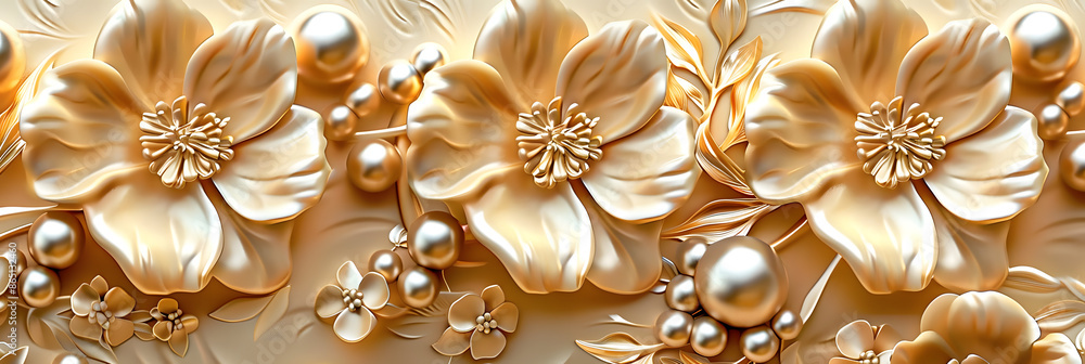 3D gold floral wallpaper with pearls with high relief features 3D gold floral wallpaper with pearls with high relief features
