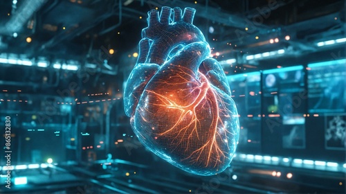 Glowing hologram of human heart in a futuristic hospital setting, cardiology innovation and medical research. #865132830