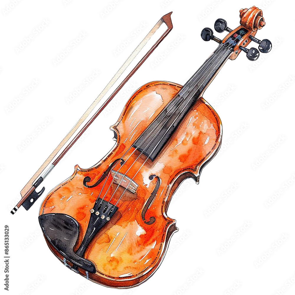 Fototapeta premium A watercolor illustration of a violin and bow. The violin is brown with a light orange finish and the bow is made of wood.