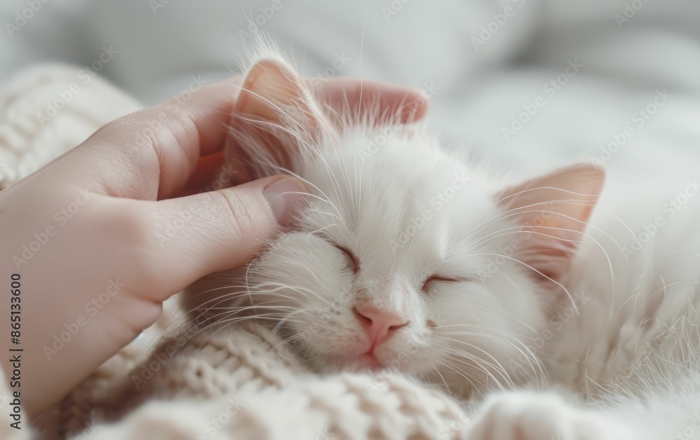 White Kitten Sleeping in Human Hand. White Kitten Sleeping in Human Hand.