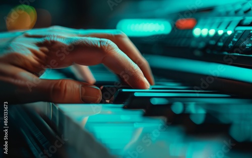 Close-Up Of Hand Playing Keyboard With Teal Lighting.