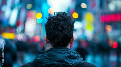 Man Standing in the Rain with a Cityscape in the Background.