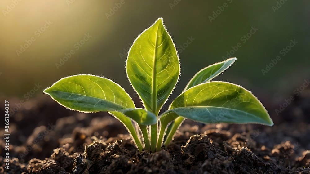 New and fresh sprout with green leaves plant under warm and delightful sunlight, nature, agriculture concept New and fresh sprout with green leaves plant under warm and delightful sunlight, nature, agriculture concept