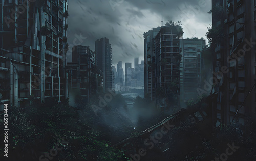 Atmospheric post-apocalyptic urban landscape featuring abandoned, overgrown skyscrapers and a gloomy, stormy sky.