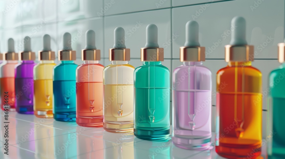 Vibrant Serum Dropper Bottles Closeup of Colorful Skincare Elixirs on Laboratory Tile Background Vibrant Serum Dropper Bottles Closeup of Colorful Skincare Elixirs on Laboratory Tile Background
