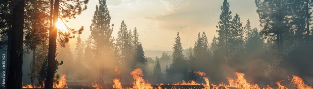 Sunset over forest fire scene with trees silhouetted by flames and smoke, depicting natural disaster and climate change effects. Sunset over forest fire scene with trees silhouetted by flames and smoke, depicting natural disaster and climate change effects.