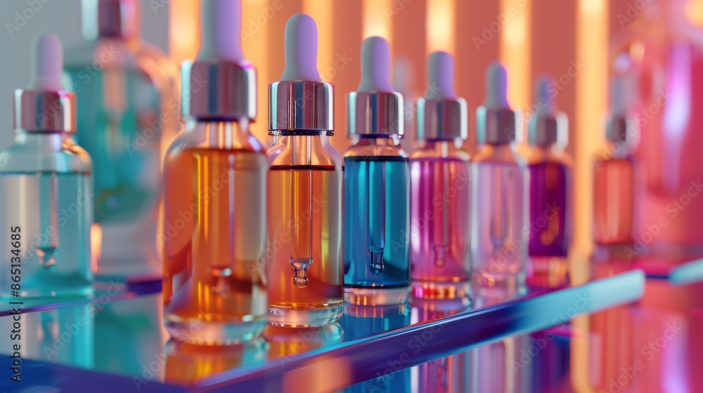 Precision Elixir Vibrant Serums in a Scientific Setting Closeup Skincare Droppers Stock Image