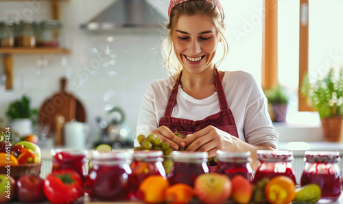 Smiling Female Crafting Artisanal Jam in White Kitchen