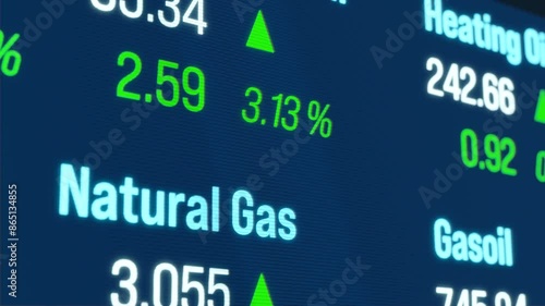 Commodity information, brent crude oil, heating oil and natural gas moving up. Business, trading board, stock market and exchange.