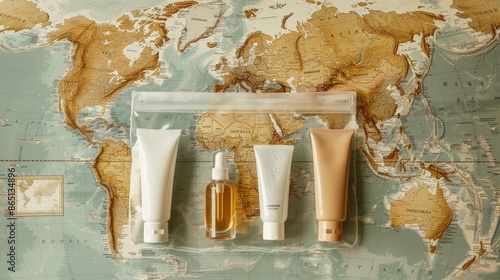 AdventureReady Essentials TravelSized Skincare Set in Waterproof Bag on World Map Background photo