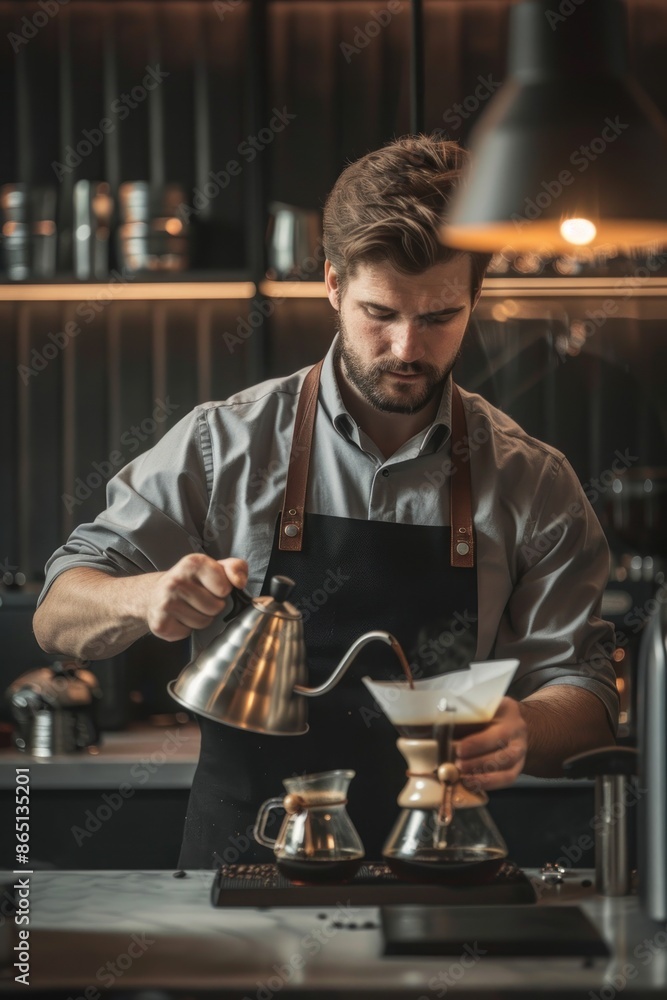 13. Portrait of an international barista making pour-over coffee in a modern coffee shop, high quality photo, photorealistic, focused expression, studio lighting 13. Portrait of an international barista making pour-over coffee in a modern coffee shop, high quality photo, photorealistic, focused expression, studio lighting