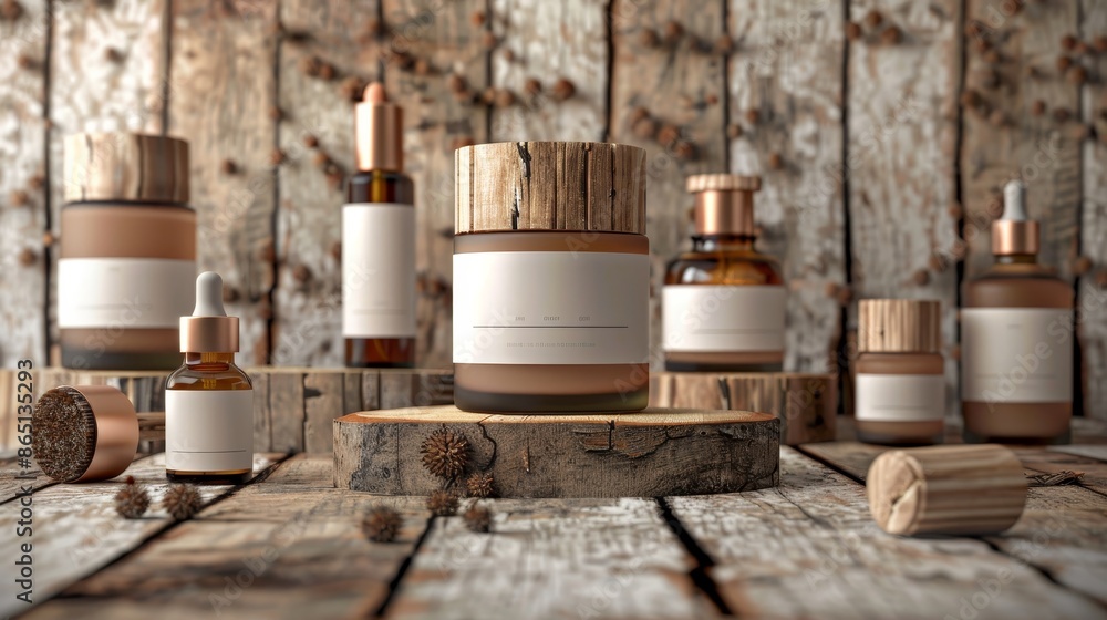 Rustic Elegance Natural Wood Skincare Bottles on Aged Barn Wood Background Rustic Elegance Natural Wood Skincare Bottles on Aged Barn Wood Background