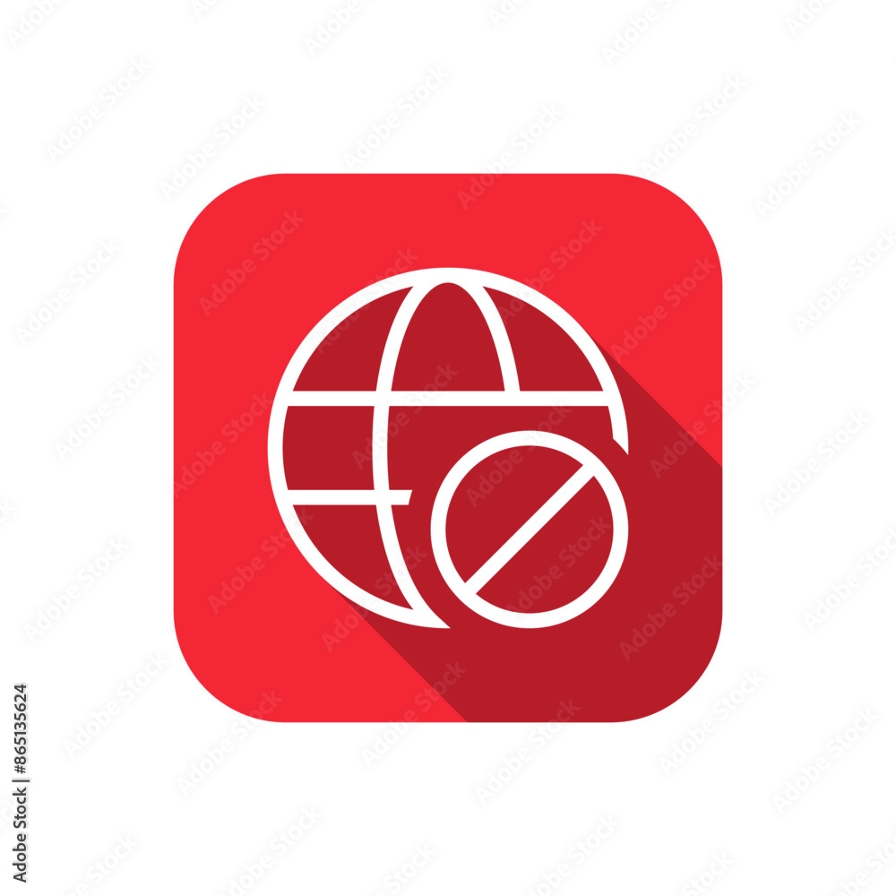 No internet, offline globe icon with long shadow. Web, website sign symbol on red square No internet, offline globe icon with long shadow. Web, website sign symbol on red square