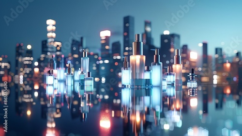 Urban Glow Skyscraper Skincare Futuristic Beauty Concept with Cityscape Reflections