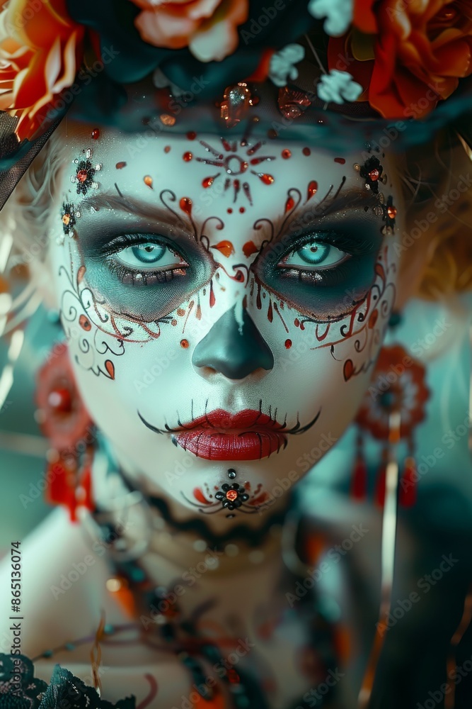 La Catrina Makeup Portrait: A close-up of a woman with intricate Catrina makeup, adorned with vibrant flowers in her hair and traditional Mexican attire. Dia De Los Muertos. La Catrina Makeup Portrait: A close-up of a woman with intricate Catrina makeup, adorned with vibrant flowers in her hair and traditional Mexican attire. Dia De Los Muertos.