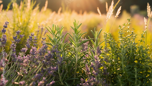 Summer Fragrant Field Herbs in Warm Daytime Sun Rays. Generative Ai