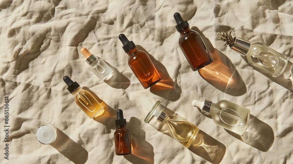 Pure Elegance Glass Skincare Bottles in Natural Light on Linen Surface Pure Elegance Glass Skincare Bottles in Natural Light on Linen Surface