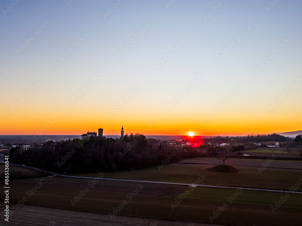 Fototapeta premium The ancient manor of Villalta at sunset. Pearl three the hills of Friuli.