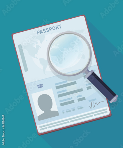 Open passport under a magnifying glass on a blue background with long shadow (flat design)