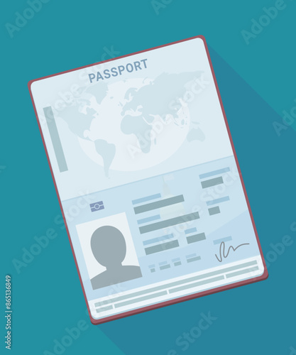 Open passport isolated in flat design style with long shadow