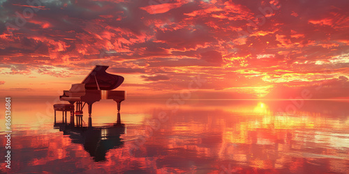 Grand Piano at Sunset on a Tranquil Reflective Water Surface with Vivid Sky