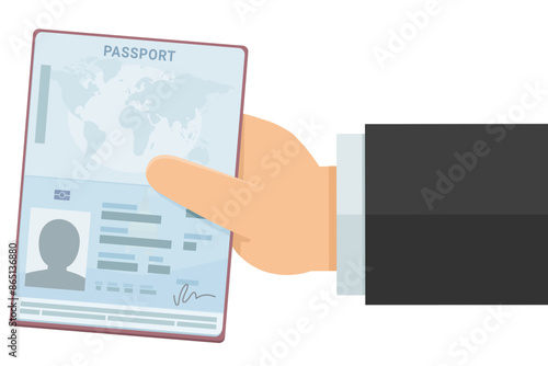 A hand presents an open passport in flat design style (cut out)