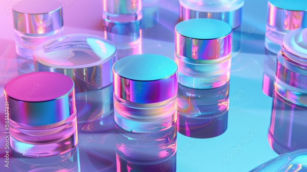 Future Beauty Holographic Skincare Containers on Mirrored Surface Future Beauty Holographic Skincare Containers on Mirrored Surface