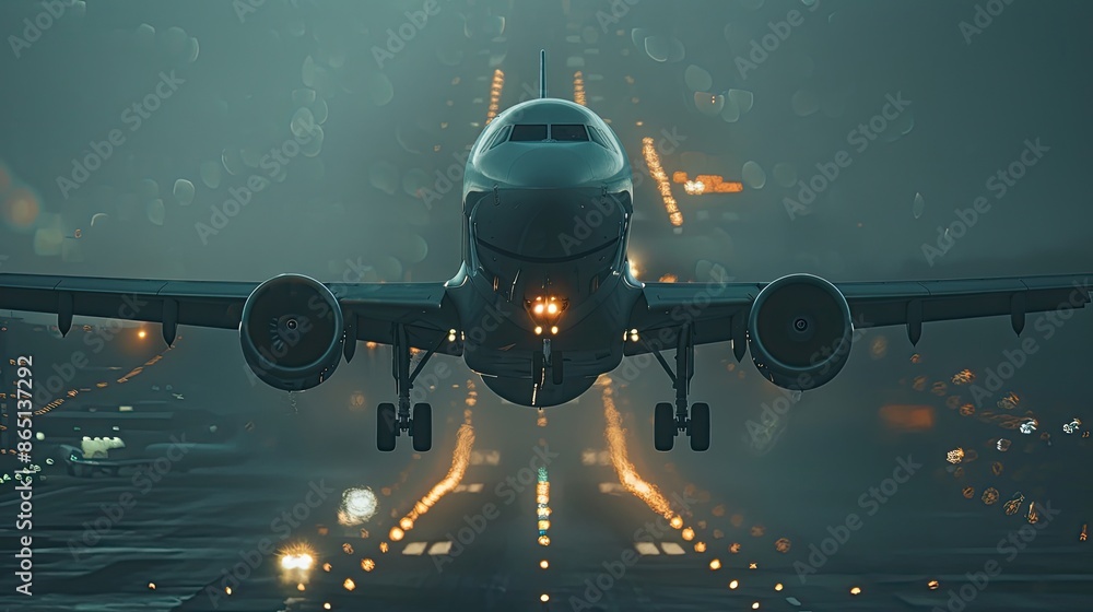 Airplane Landing on Wet Runway at Dusk
Description: An airplane lands on a wet runway at dusk, with dramatic clouds and airport lights enhancing the scene. Airplane Landing on Wet Runway at Dusk
Description: An airplane lands on a wet runway at dusk, with dramatic clouds and airport lights enhancing the scene.