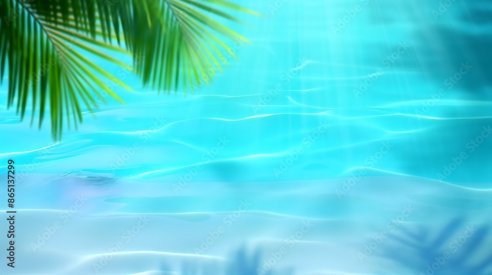 Blue water surface, pure water surface, palm leaves, and water reflection, natural background, water background, blue background Blue water surface, pure water surface, palm leaves, and water reflection, natural background, water background, blue background