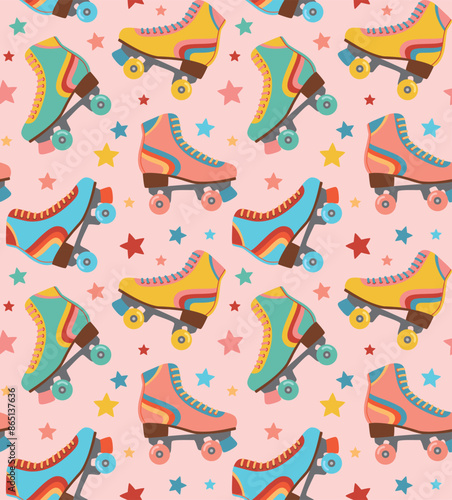 Seamless pattern with colorful retro roller skates and stars. Vector cartoon background in flat style.