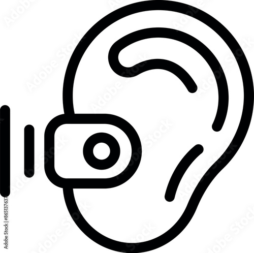 Line icon of an ear with a hearing aid attached, representing assistive technology for hearing loss