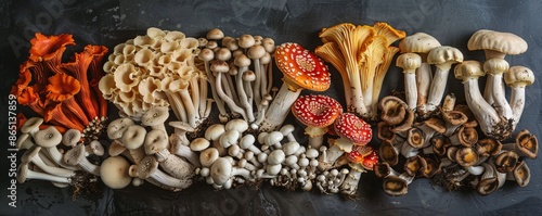 Variety of edible mushrooms arranged on a dark surface, representing the autumn forest harvest photo